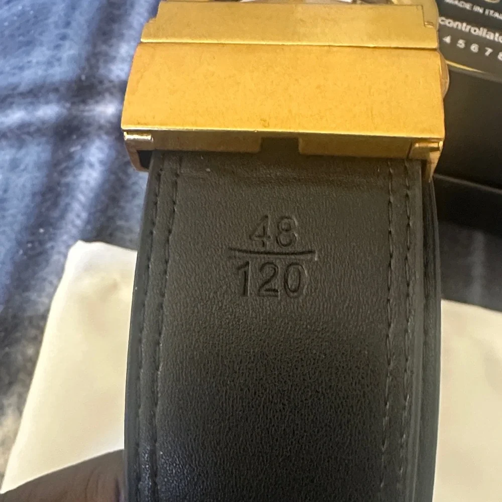 Gucci Black Leather Belt with Green & Red Web and Gold Double G Buckle Size 120